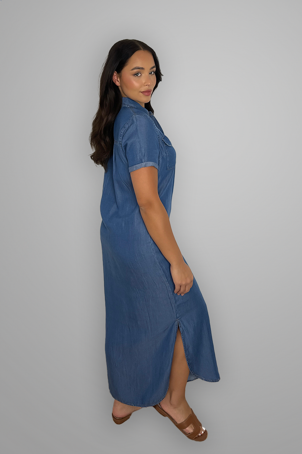 Denim Blue Placket Pockets Midi Shirt Dress