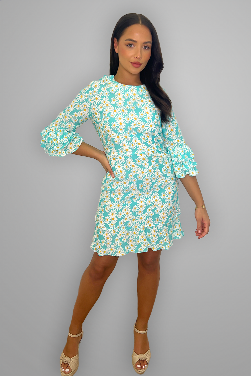 Turquiose Daisy Print Frilled Summer Dress-SinglePrice
