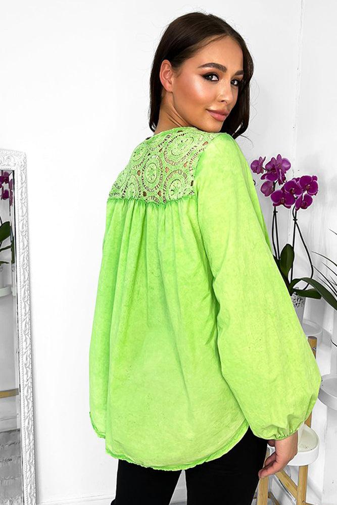 Crochet Lace Neckline 100% Cotton Blouse-SinglePrice
