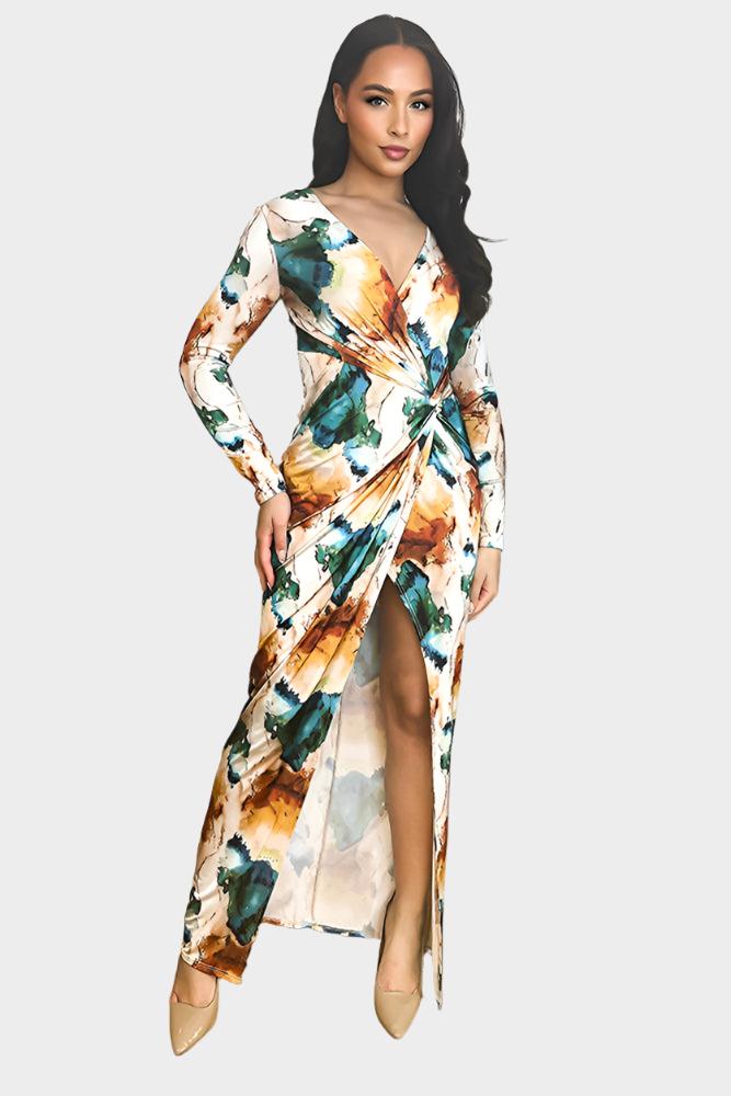 Multicolour Watercolour Print Slinky Midi Dress-SinglePrice