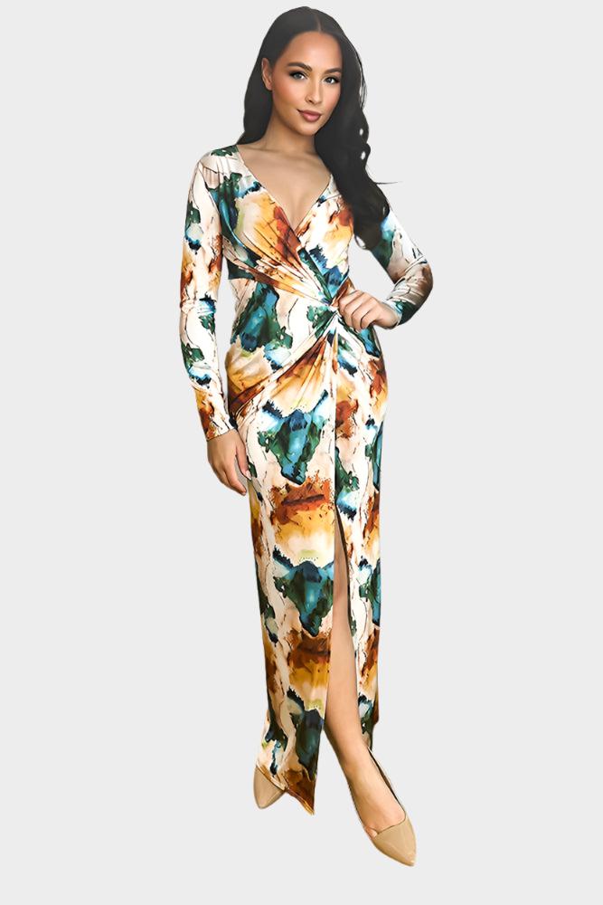 Multicolour Watercolour Print Slinky Midi Dress-SinglePrice