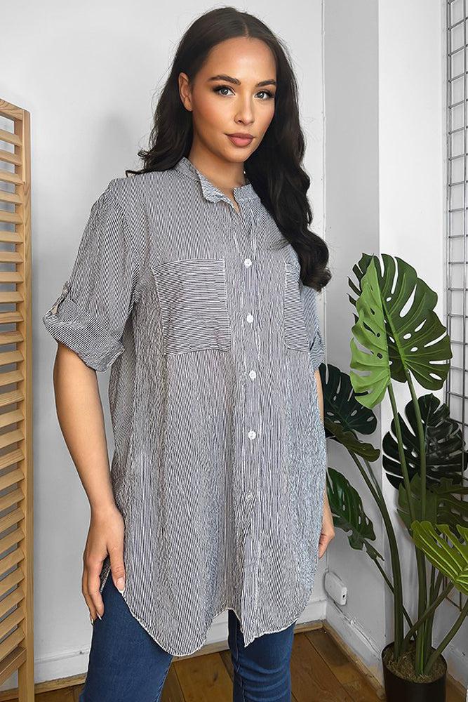 100% Cotton Pinstripe Longline Shirt-SinglePrice