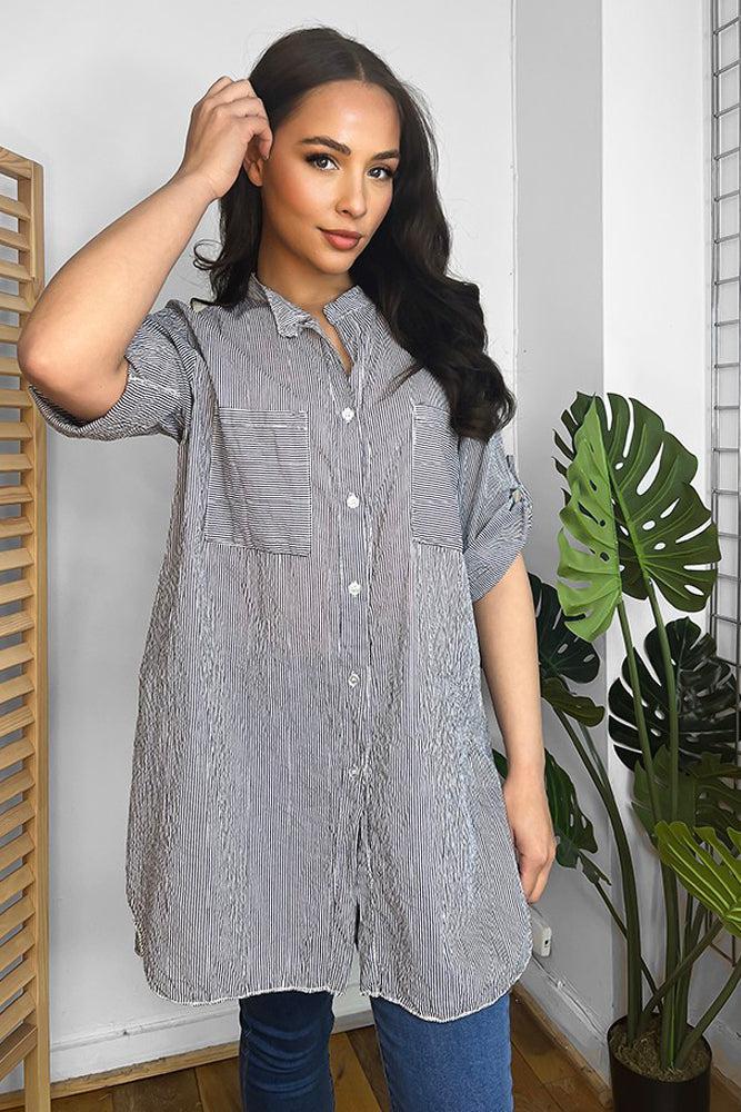 100% Cotton Pinstripe Longline Shirt-SinglePrice