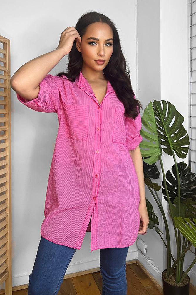 100% Cotton Pinstripe Longline Shirt-SinglePrice