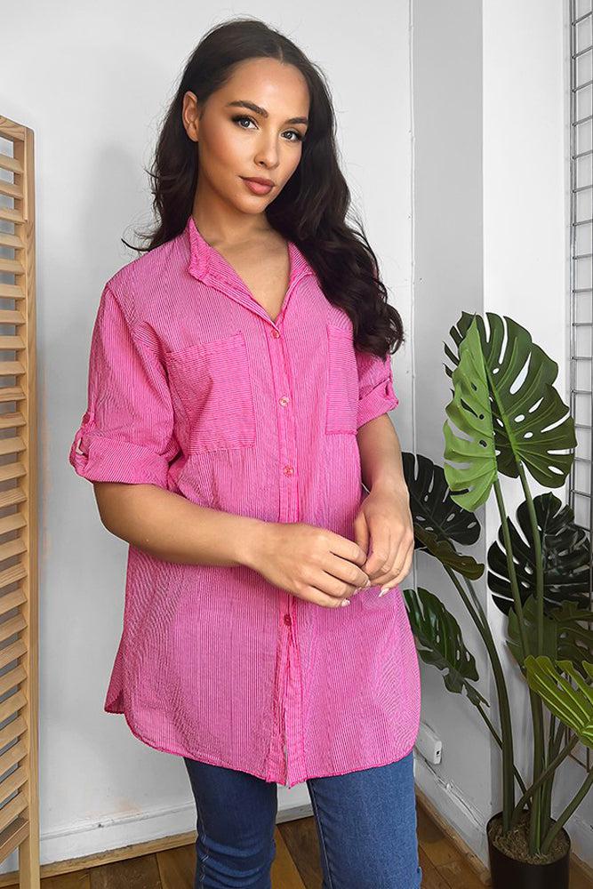 100% Cotton Pinstripe Longline Shirt-SinglePrice