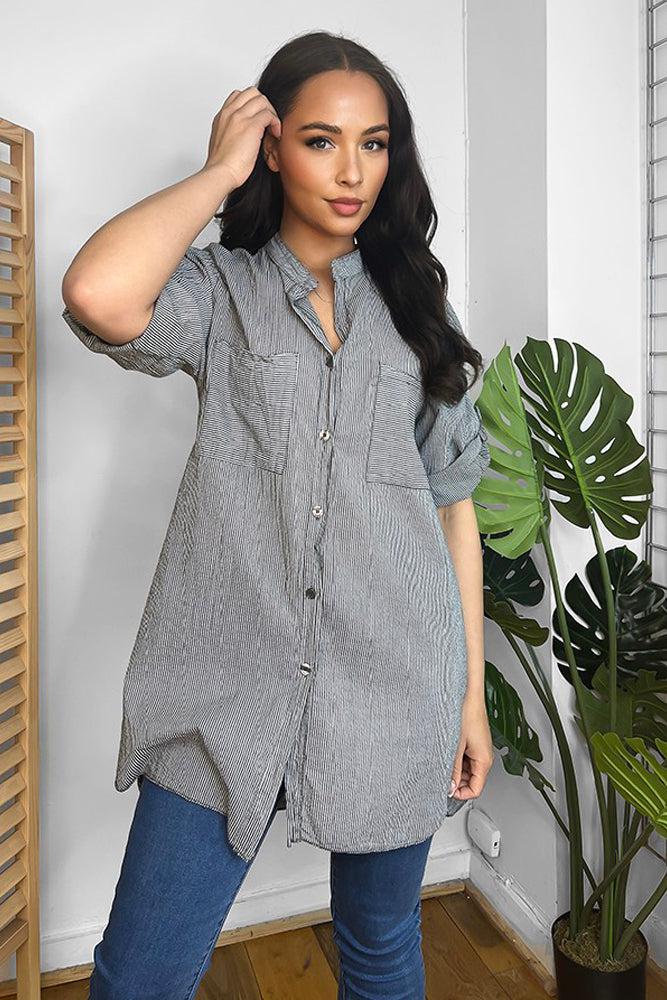 100% Cotton Pinstripe Longline Shirt-SinglePrice