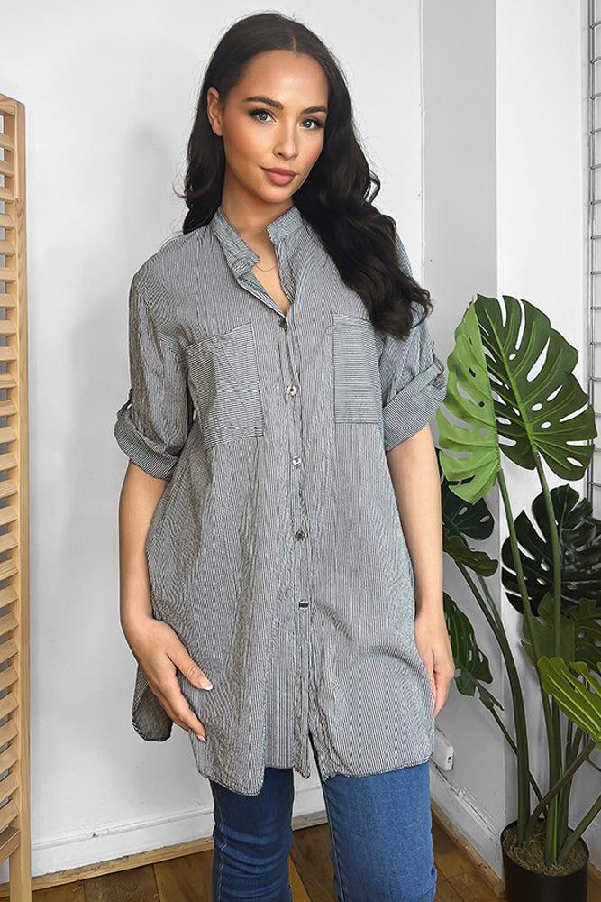 100% Cotton Pinstripe Longline Shirt-SinglePrice