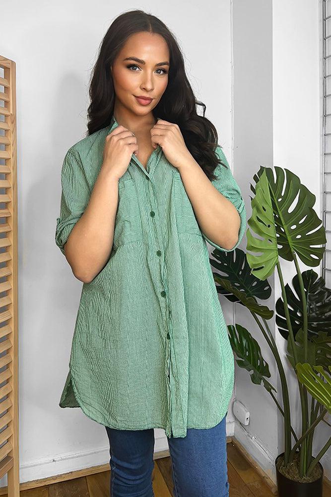 100% Cotton Pinstripe Longline Shirt-SinglePrice