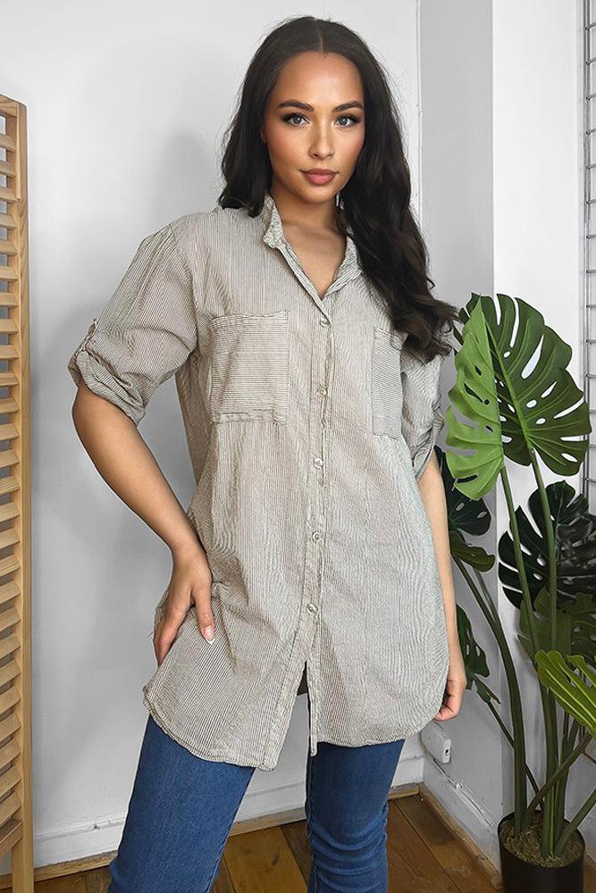 100% Cotton Pinstripe Longline Shirt-SinglePrice