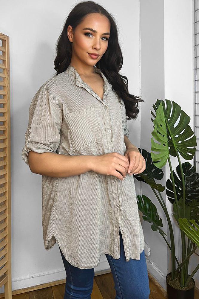 100% Cotton Pinstripe Longline Shirt-SinglePrice
