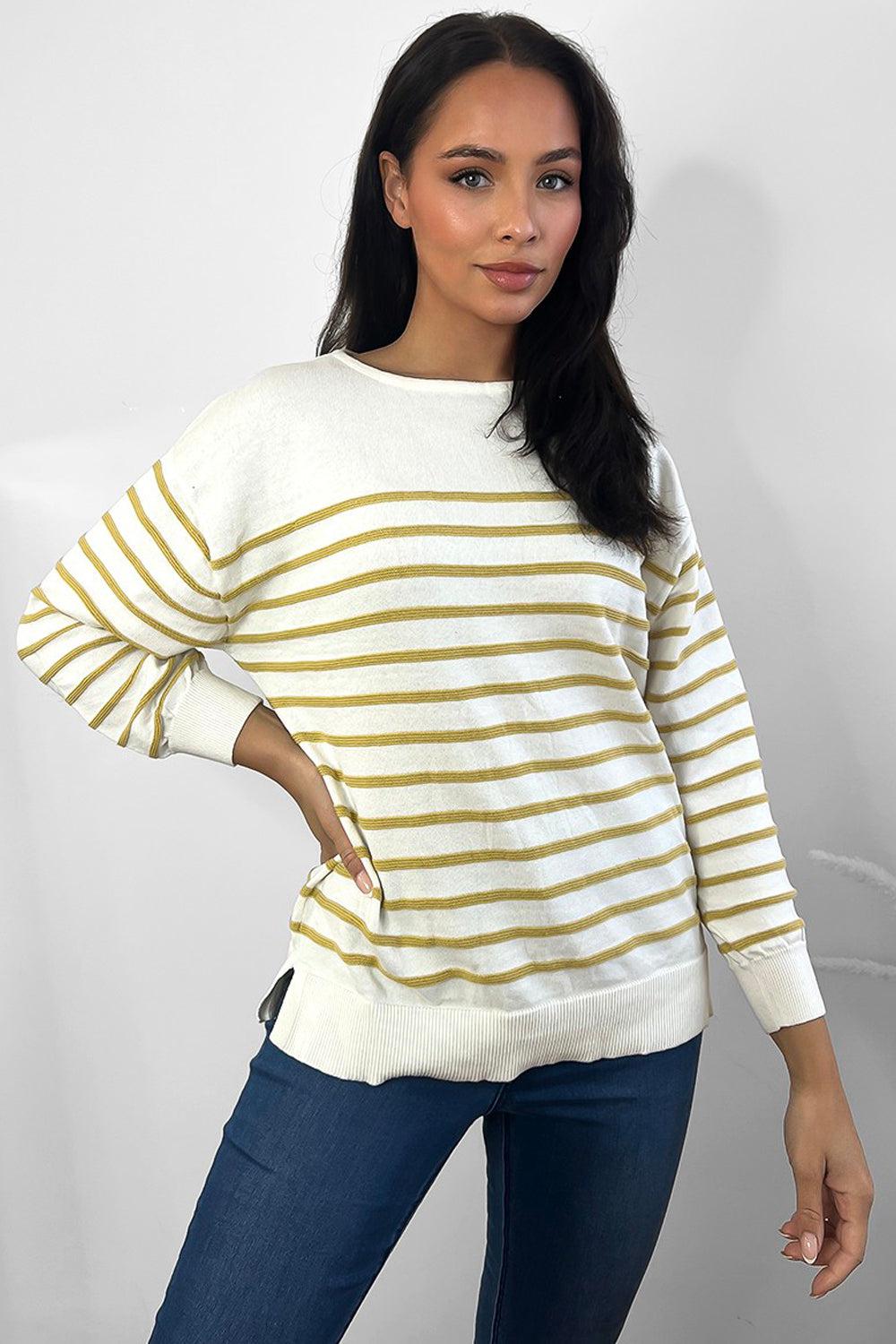 Half Striped Scoop Neck Pullover-SinglePrice