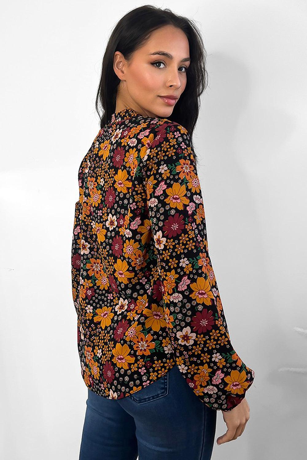 Mustard Floral Print Grandad Collar Blouse-SinglePrice