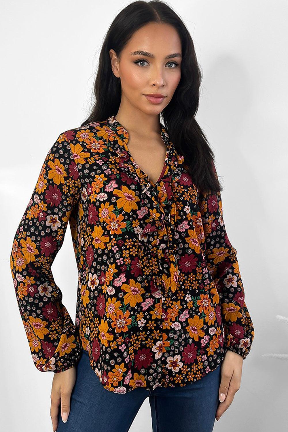 Mustard Floral Print Grandad Collar Blouse-SinglePrice