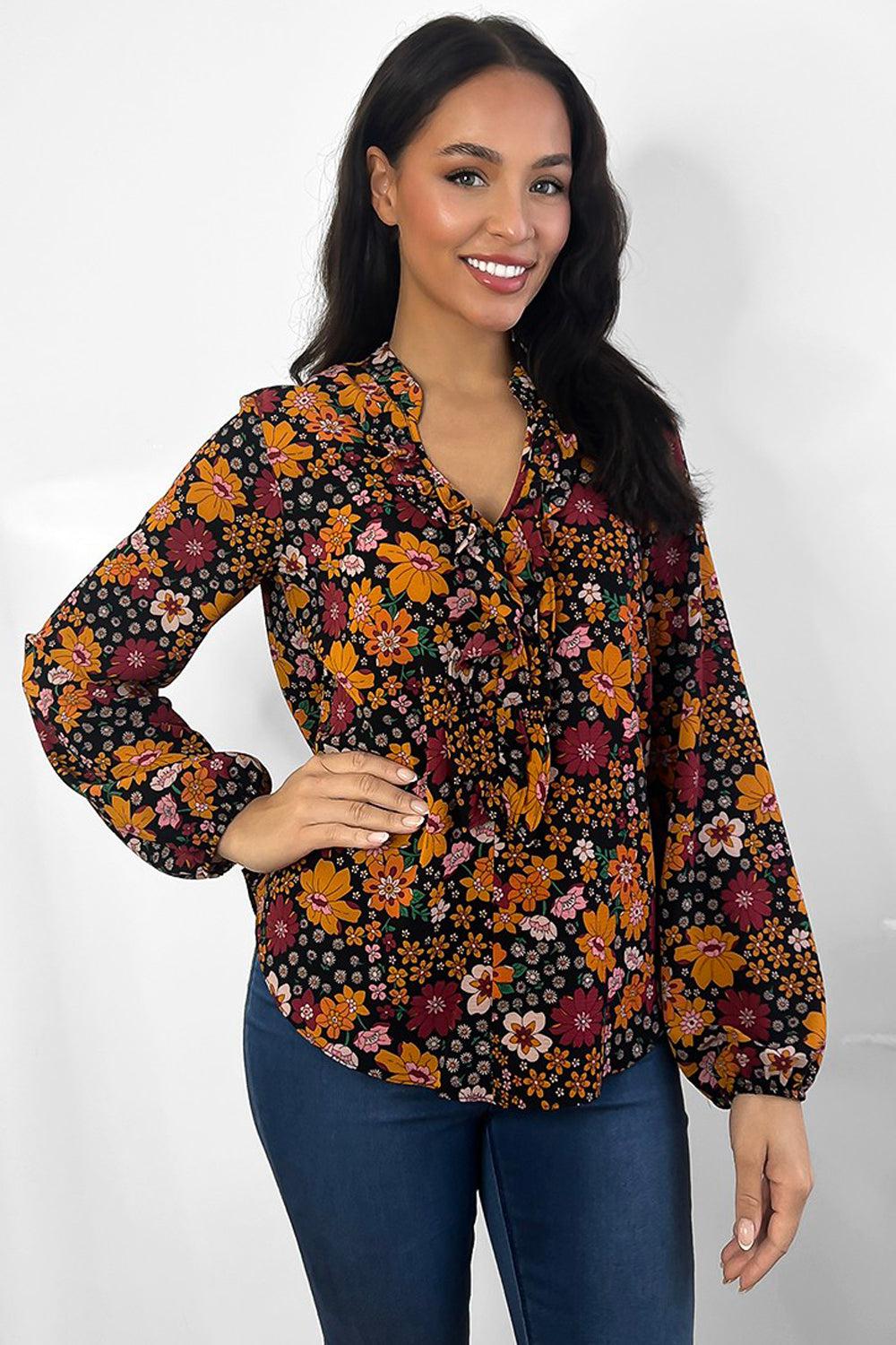 Mustard Floral Print Grandad Collar Blouse-SinglePrice