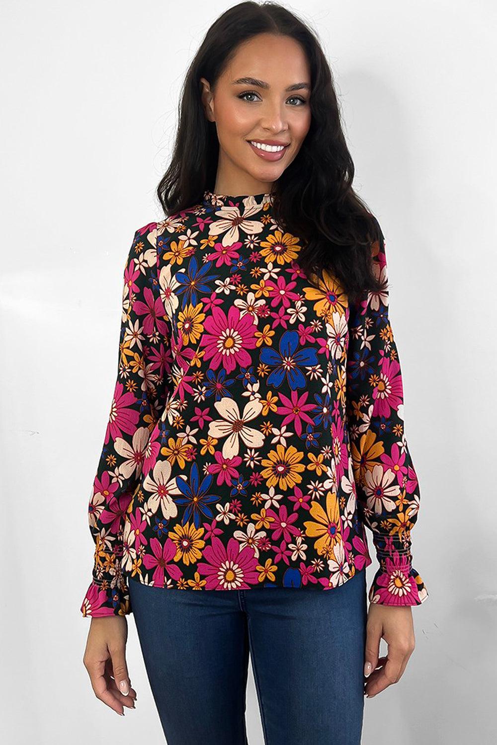 Multicolour Large Floral Print Neck Tie Blouse-SinglePrice