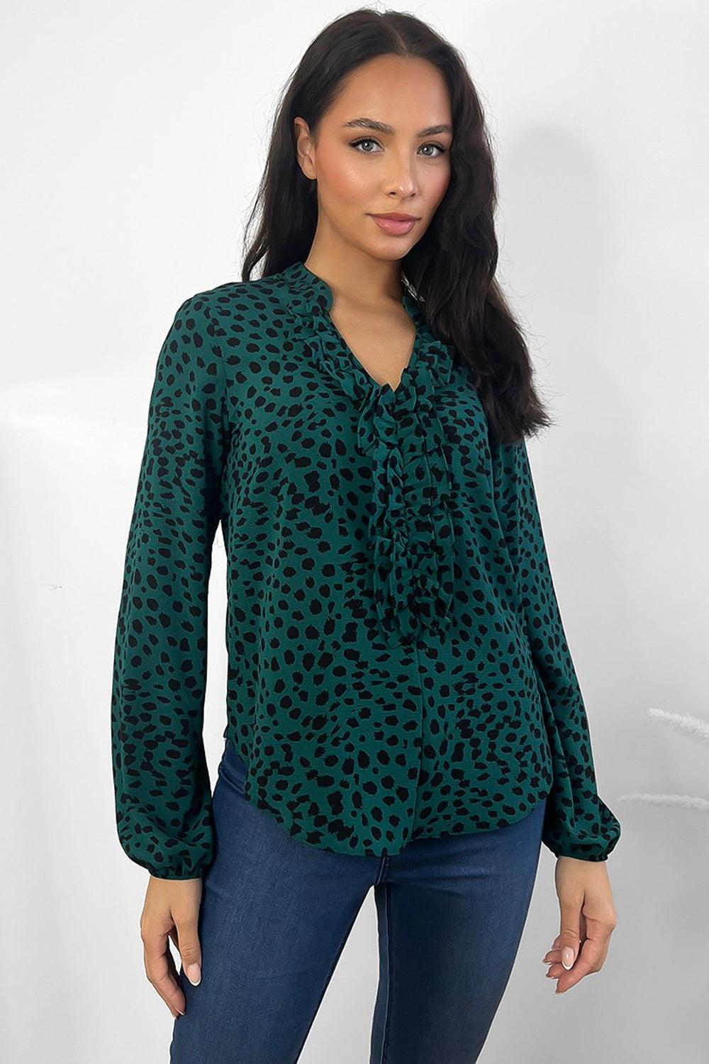 Green Black Leopard Print Frilled Neckline Blouse-SinglePrice