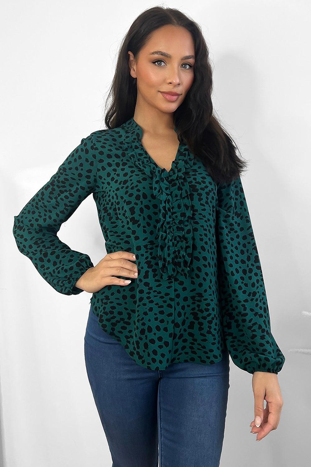 Green Black Leopard Print Frilled Neckline Blouse-SinglePrice