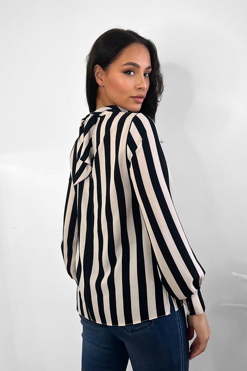 Black Beige Stripe High Neck Blouse-SinglePrice
