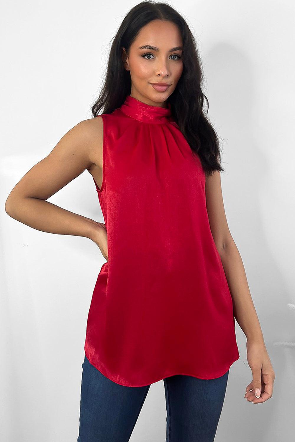 Satin High Neck Sleeveless Blouse-SinglePrice
