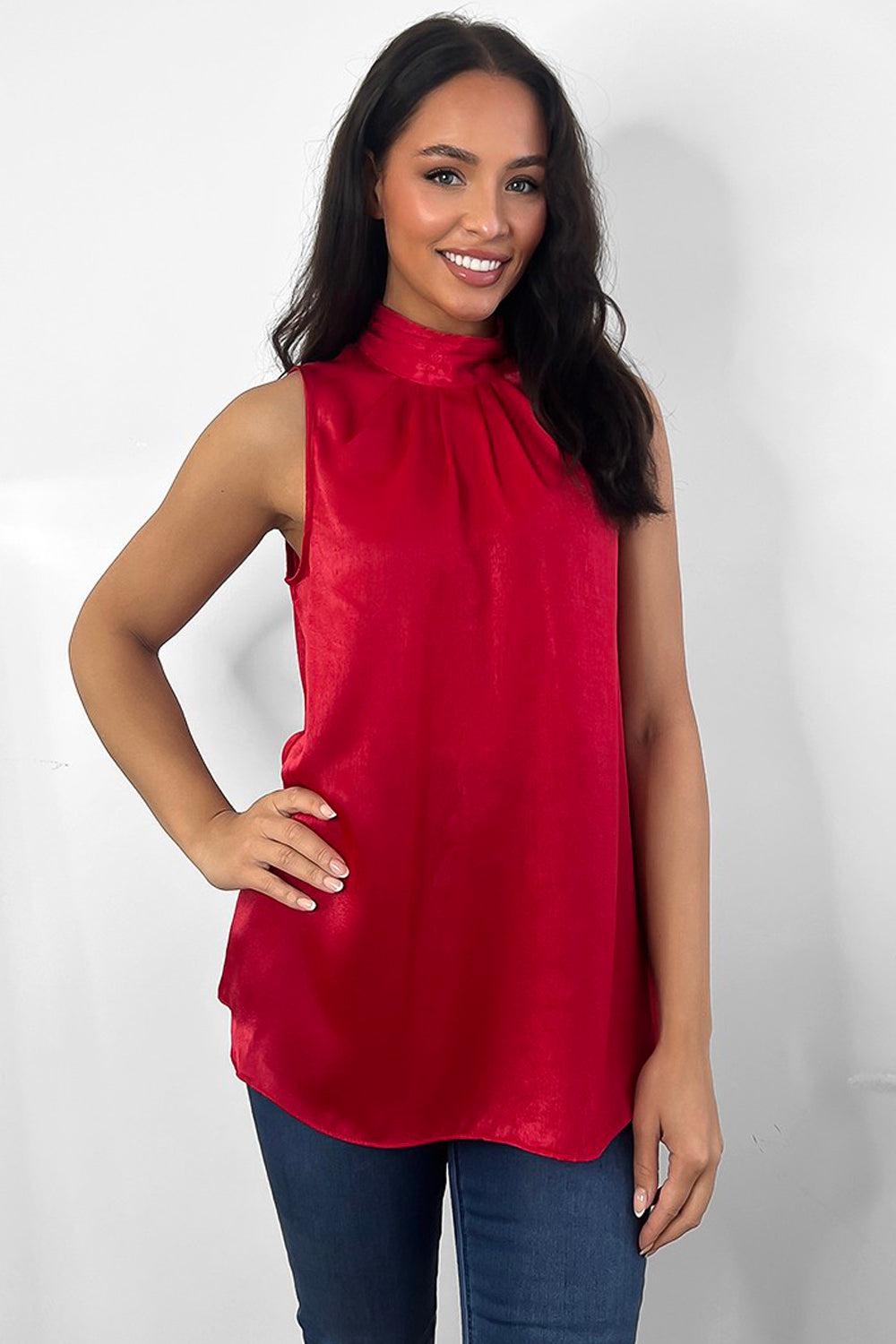 Satin High Neck Sleeveless Blouse-SinglePrice