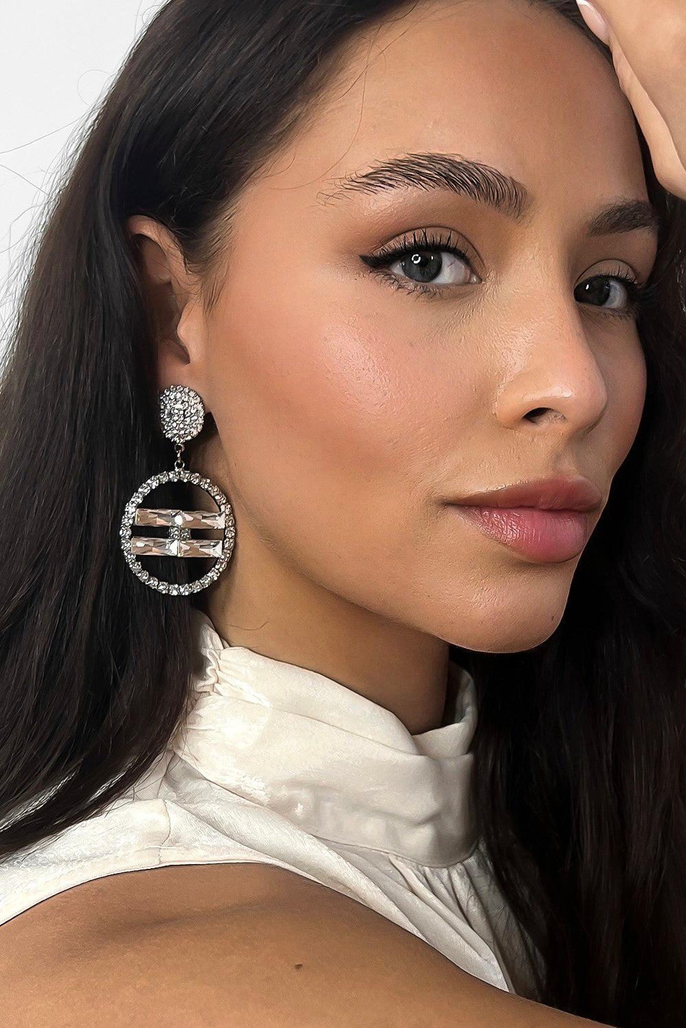 Crystals Embellished Drop Circle Earrings-SinglePrice