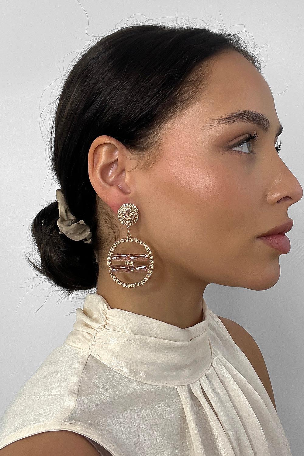Crystals Embellished Drop Circle Earrings-SinglePrice