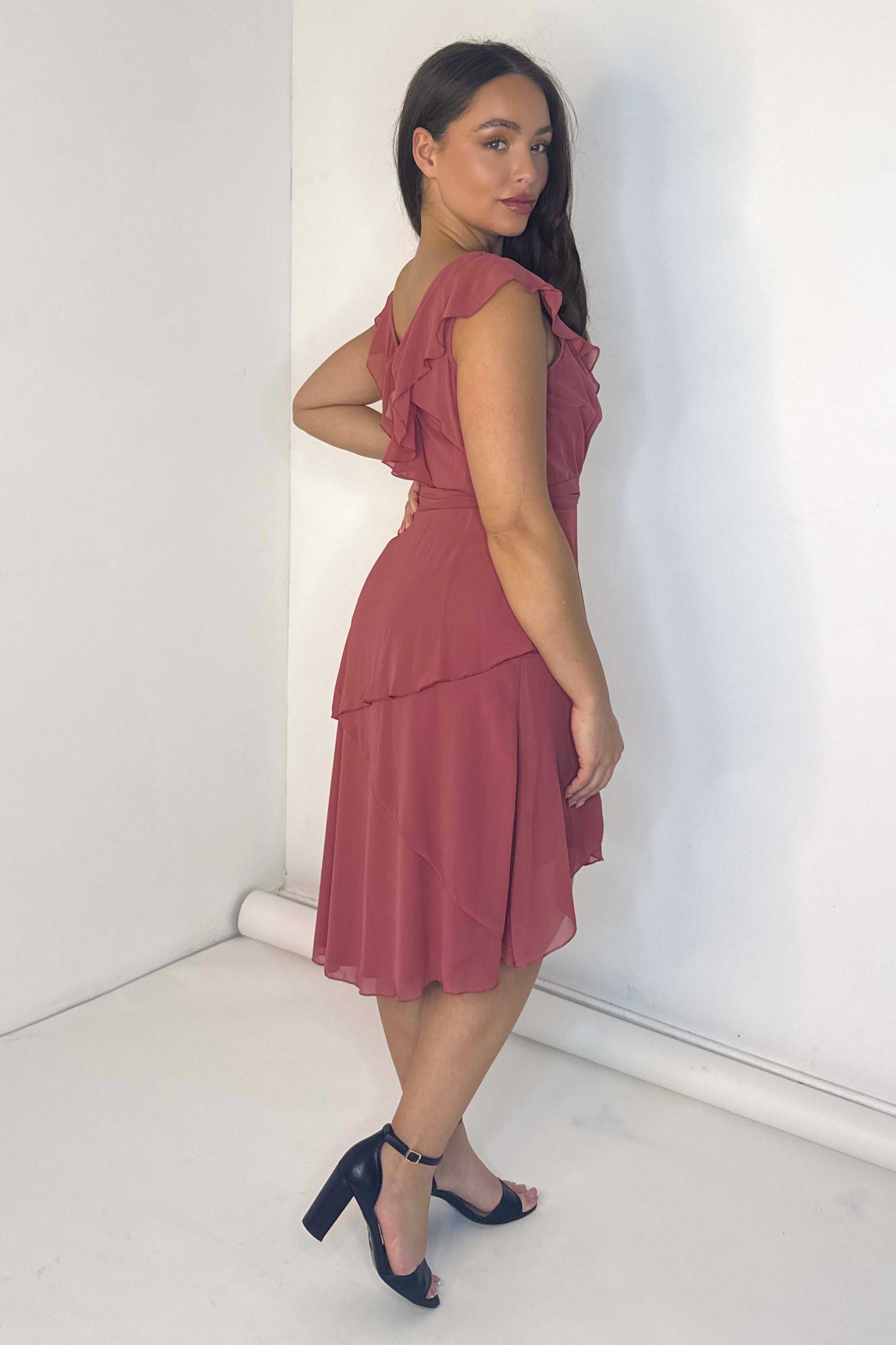 Plunge Neck Layered Chiffon Elegant Blush Dress