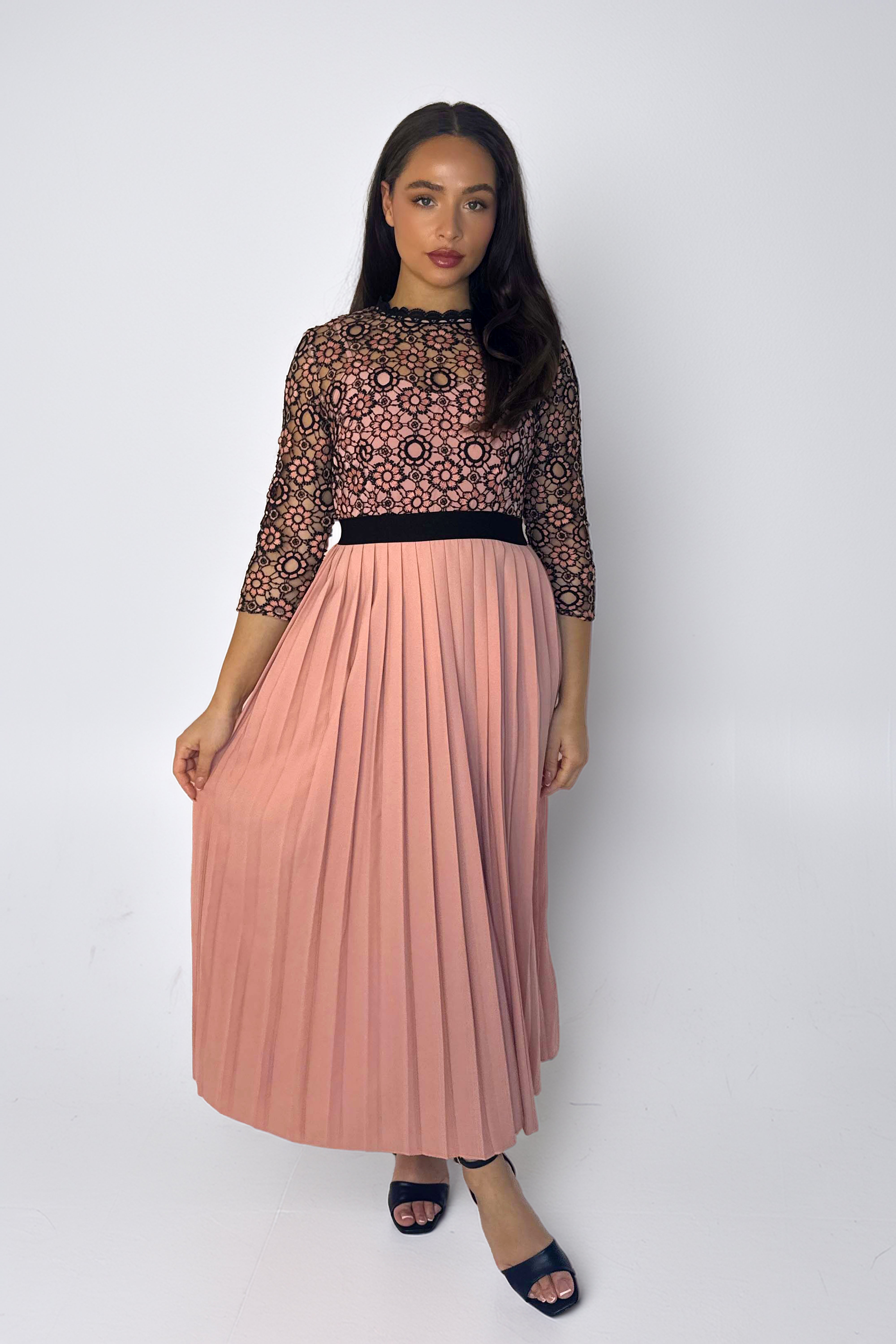 Crochet Detail Pleated Maxi Dress