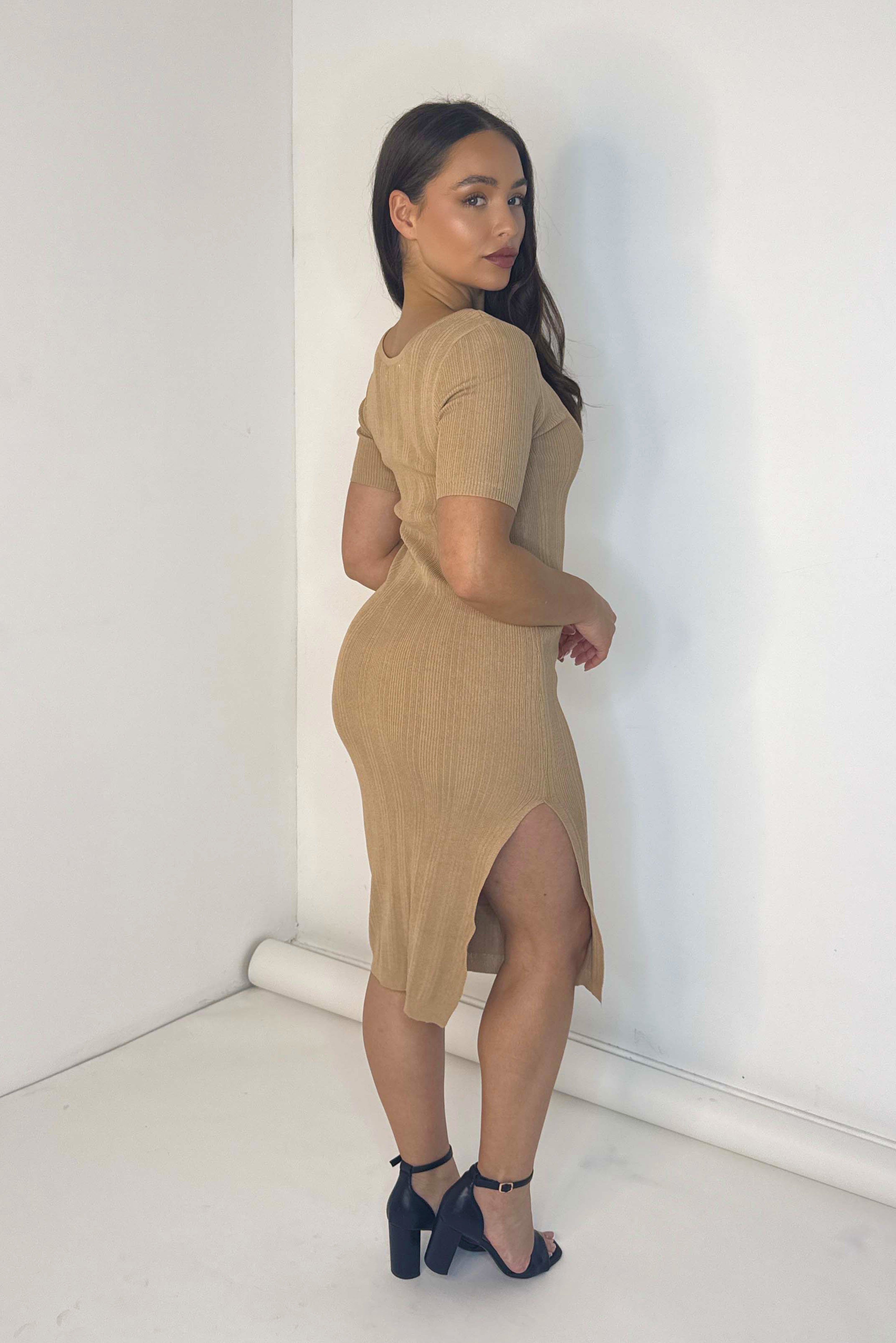 Wholesale Women's V-Cut Ribbed Viscose Blend Straight Cut Midi Dress (PACK OF 6)