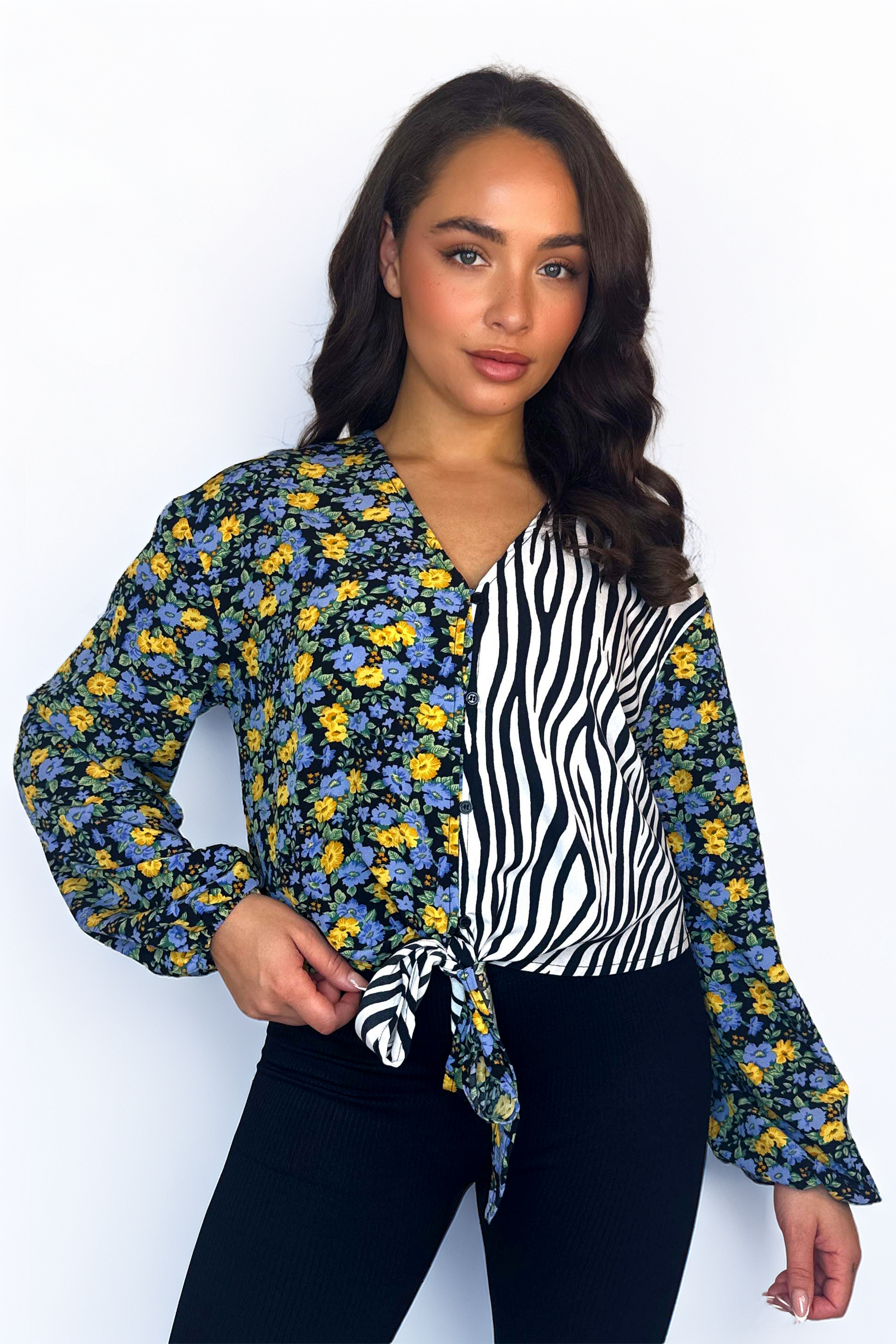 Contrast Print Tie Up Blouse