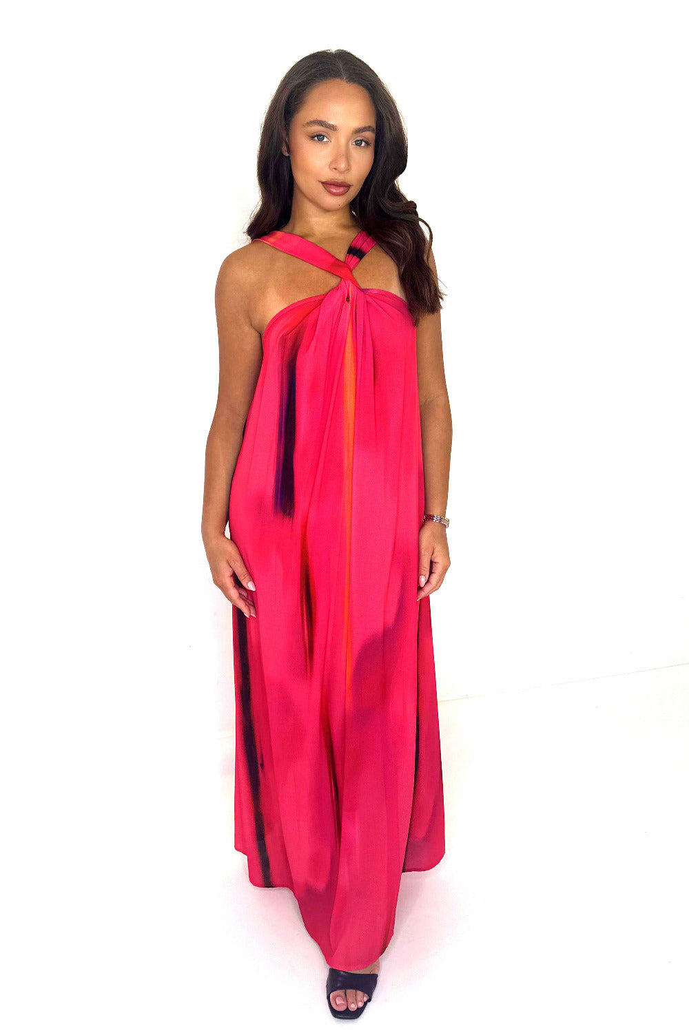 Wholesale Women's Twisted Halter Neck Tie Dye Chiffon Maxi Dress (PACK OF 4)