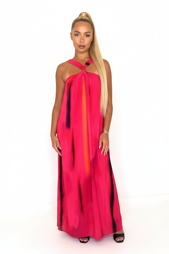 Wholesale Women's Twisted Halter Neck Tie Dye Chiffon Maxi Dress (PACK OF 4)