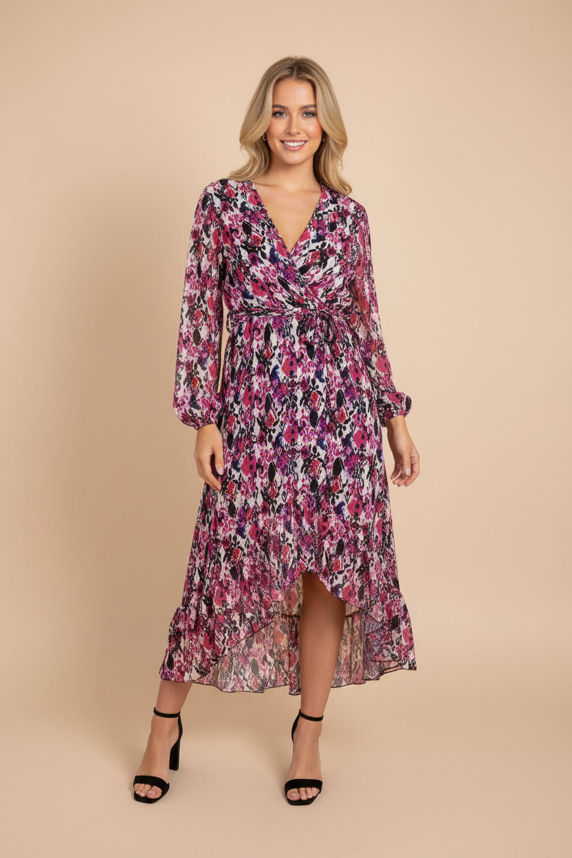 Low Cut Tie Waist Printed Chiffon Hi-Low Dress