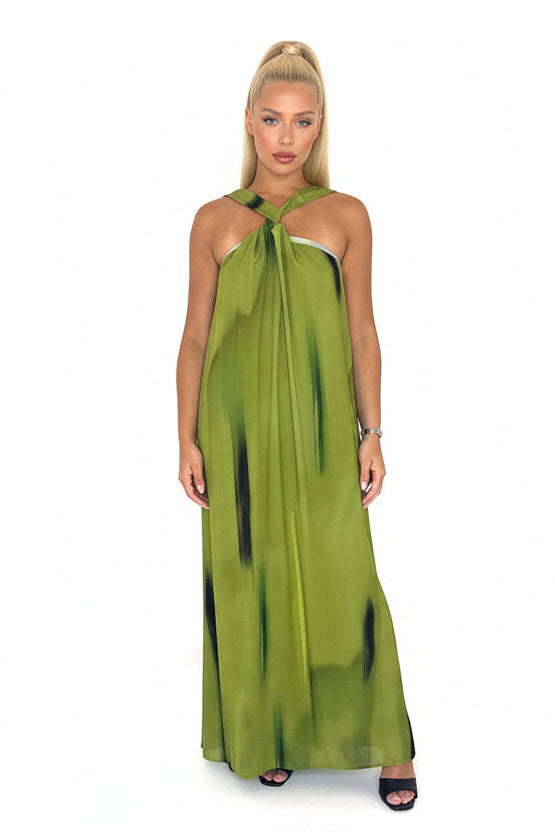 Wholesale Women's Twisted Halter Neck Tie Dye Chiffon Maxi Dress (PACK OF 4)