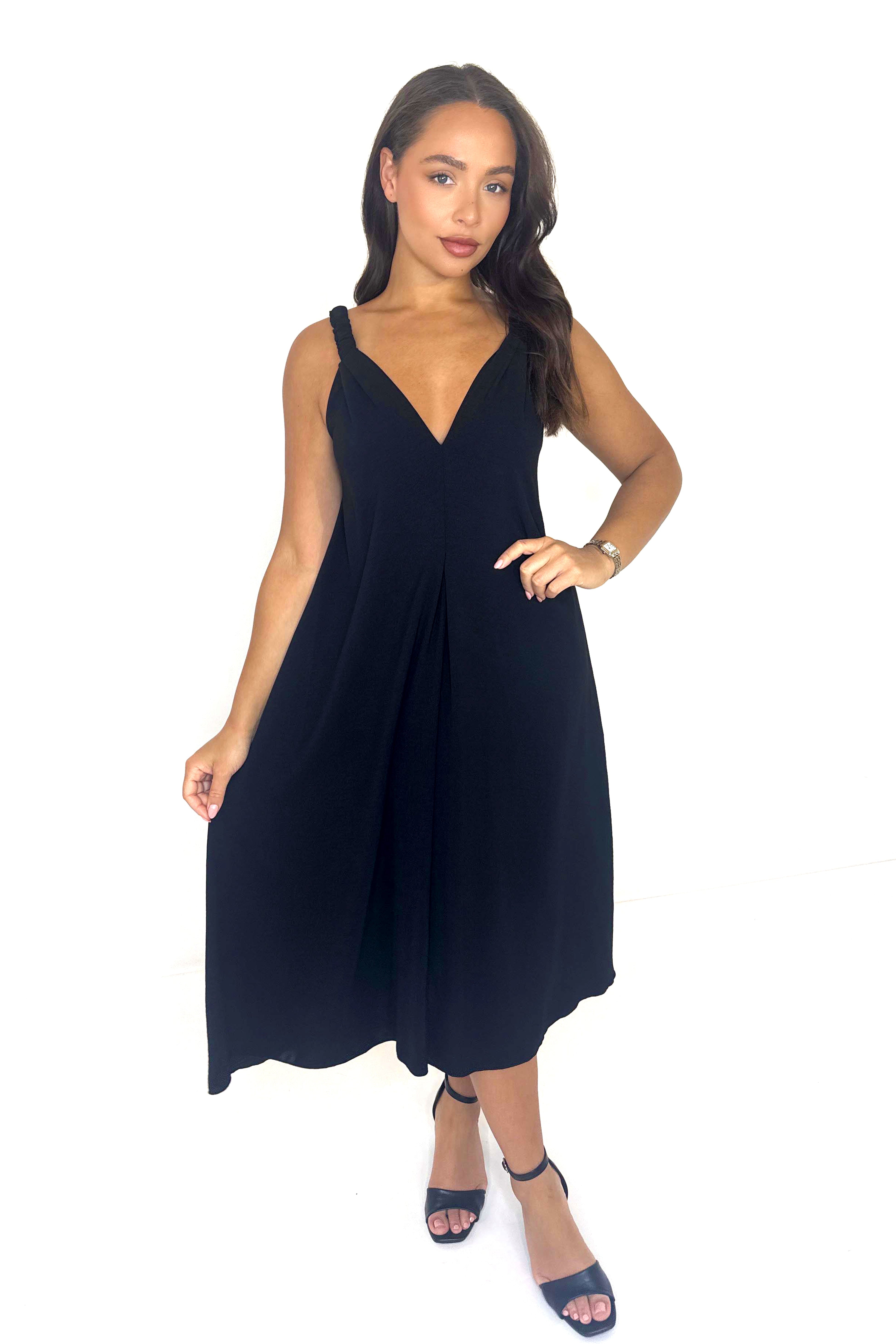 Ruched Straps V-Cut Flowy Chiffon Midaxi Dress