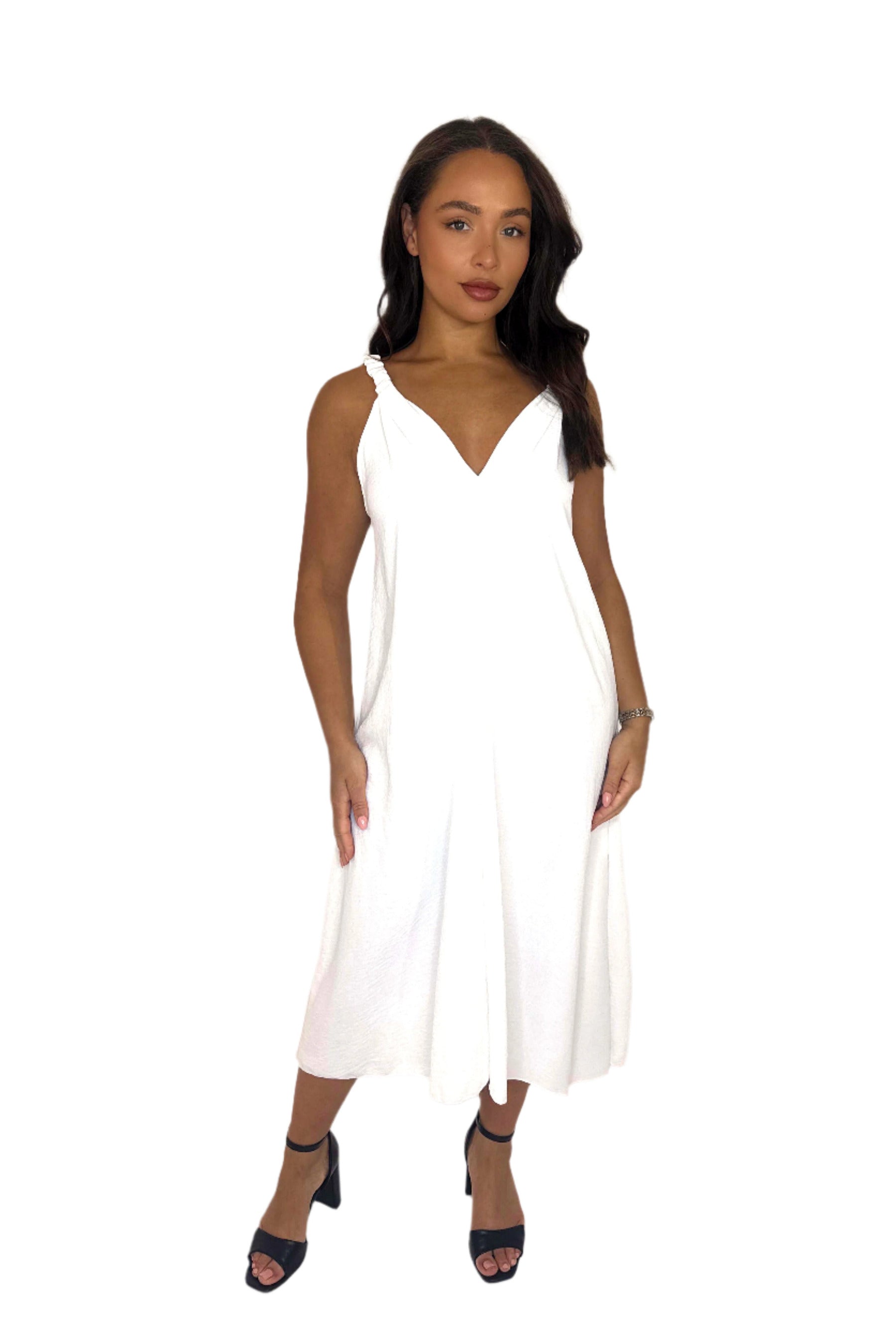 Ruched Straps V-Cut Flowy Chiffon Midaxi Dress