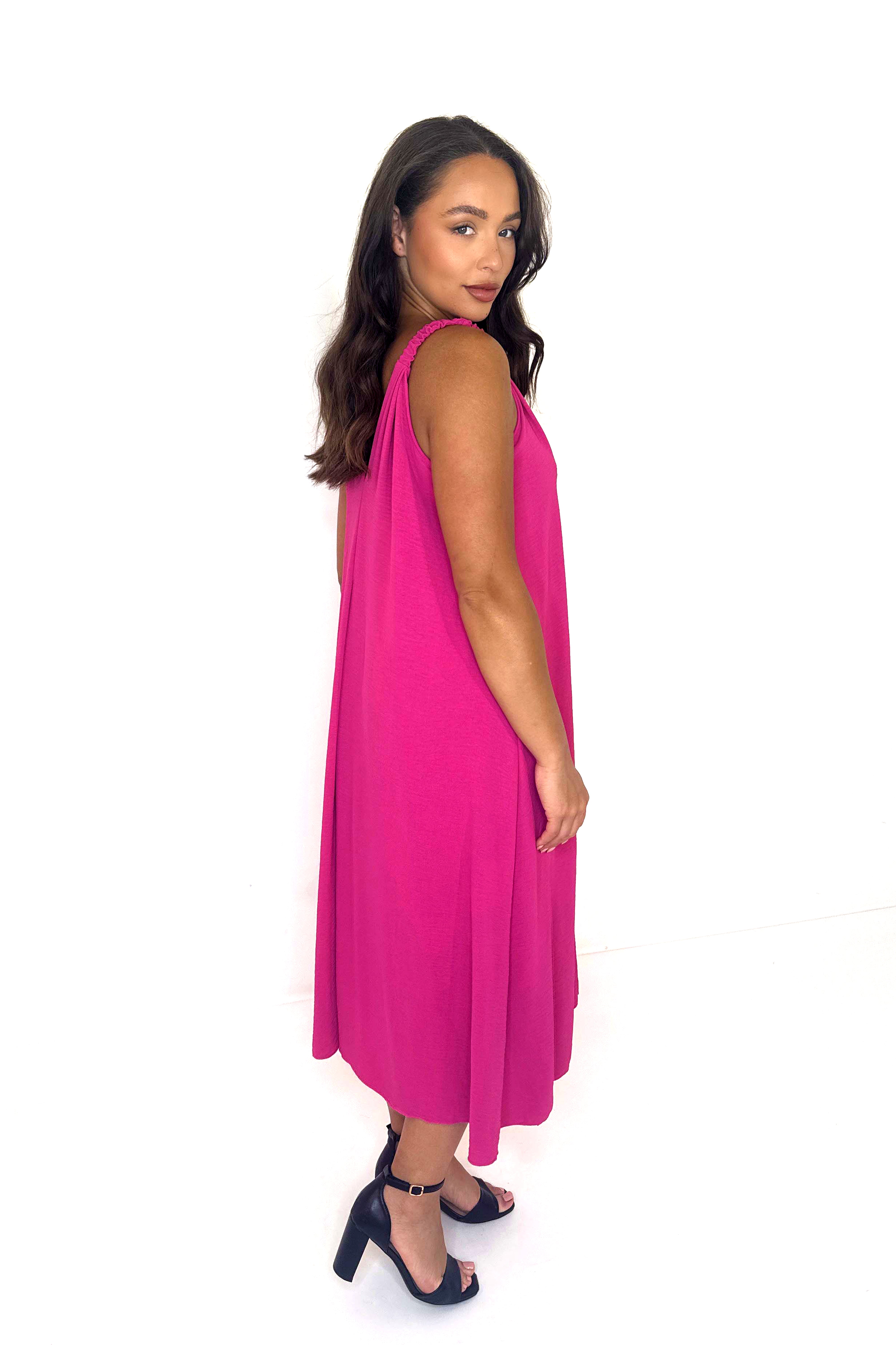 Ruched Straps V-Cut Flowy Chiffon Midaxi Dress