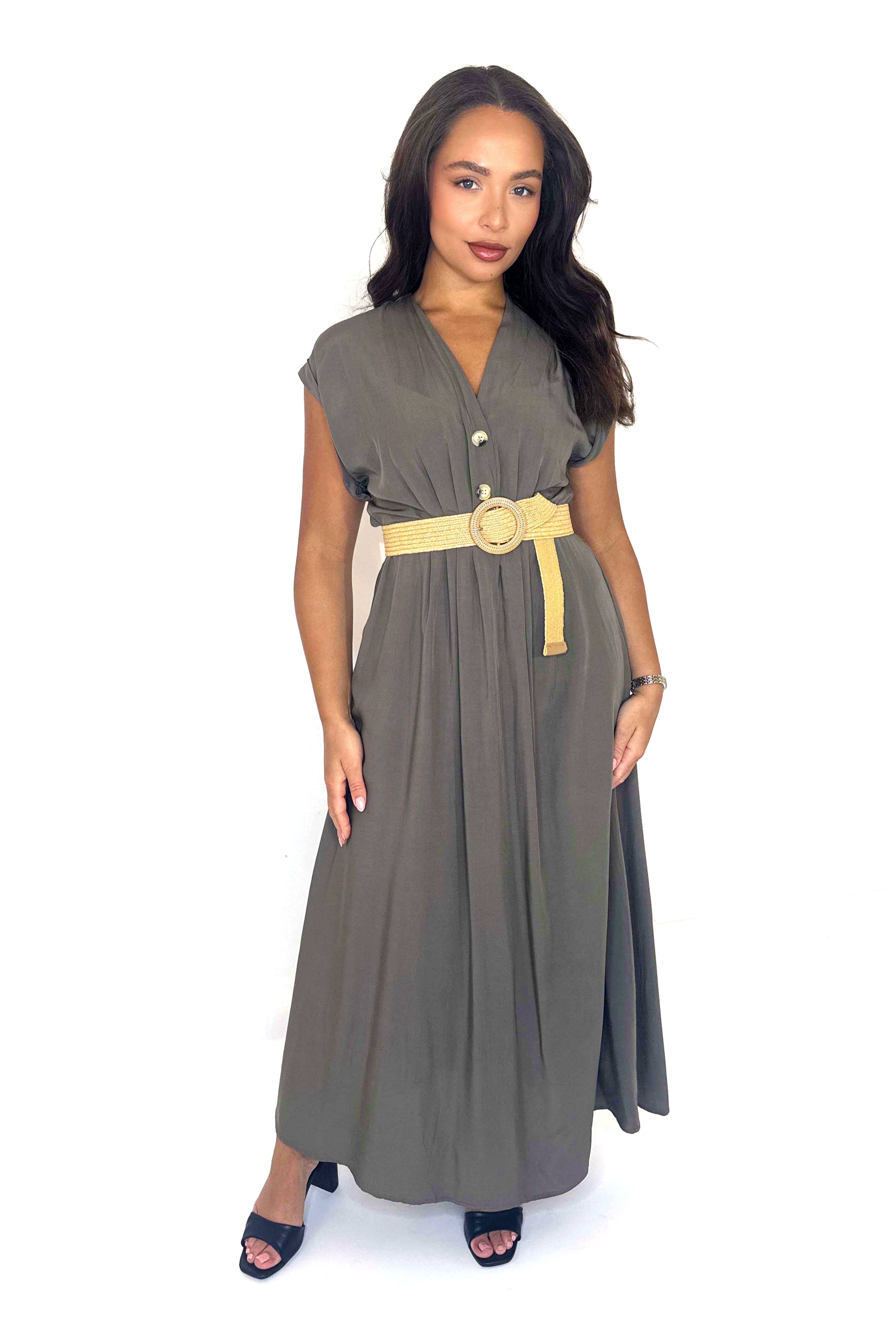 Belted Button Detail Elegant Flowy Long Summer Dress