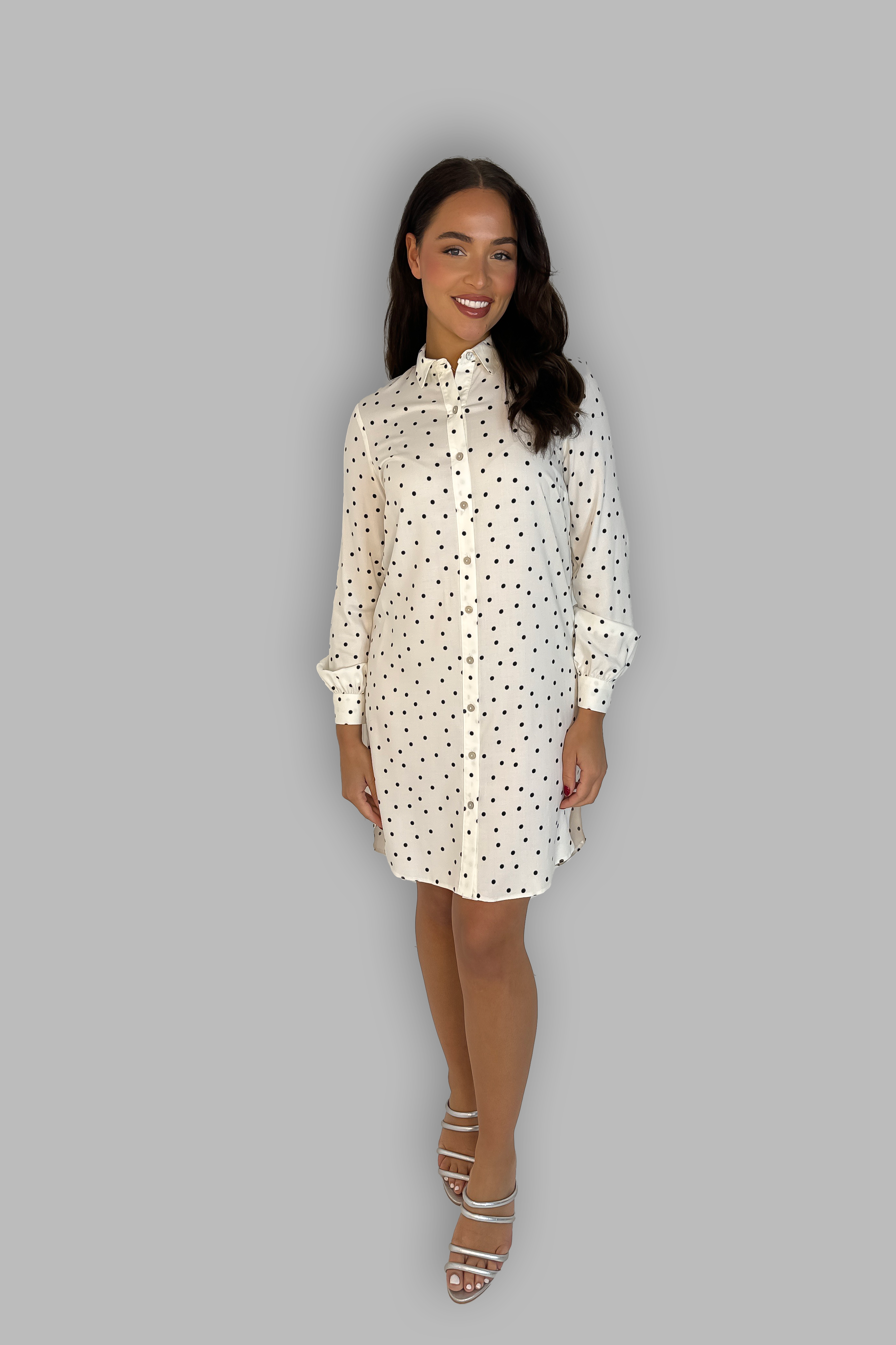 Cream Polka Dot Chiffon Shirt Dress-SinglePrice