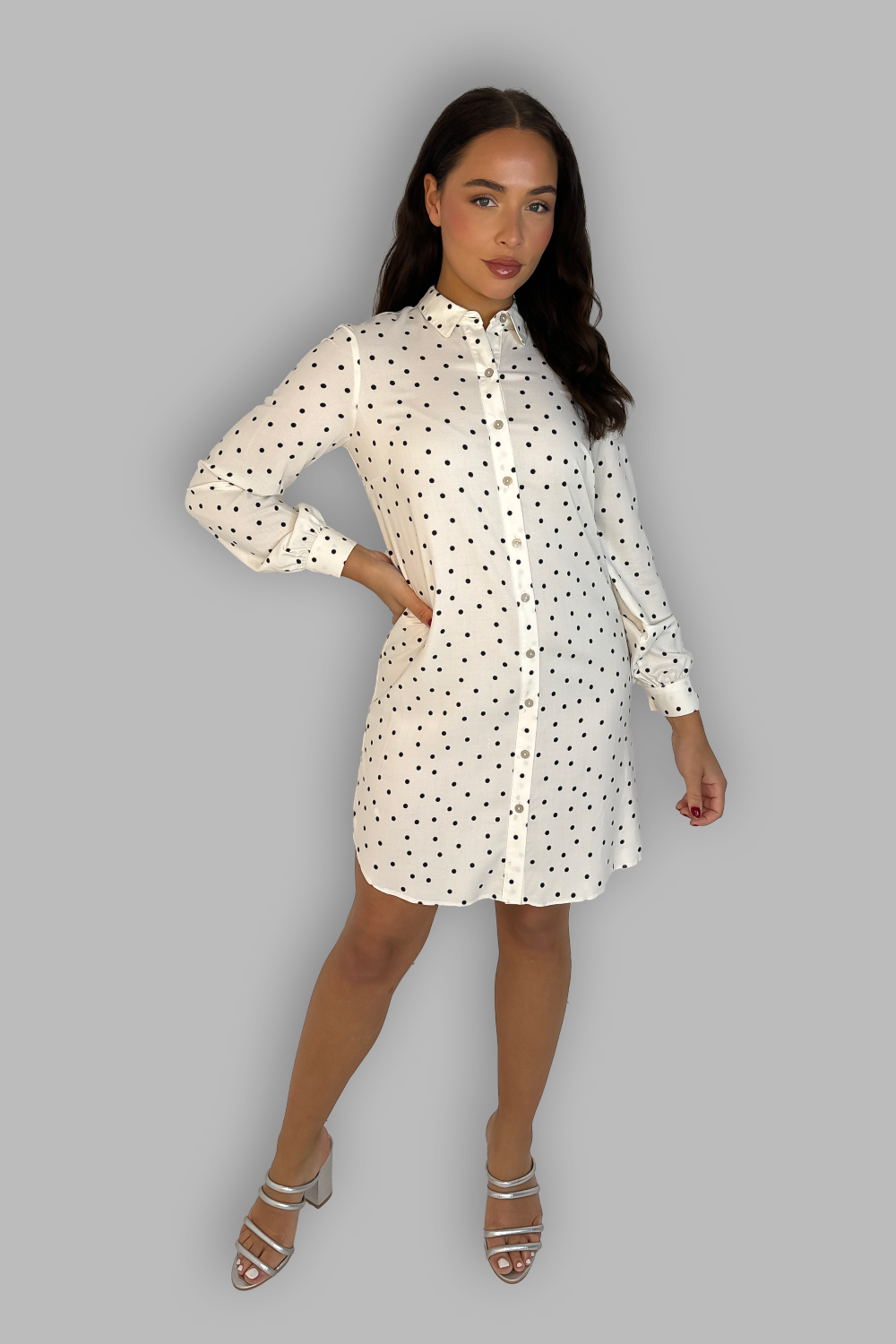 Cream Polka Dot Chiffon Shirt Dress - Main Image