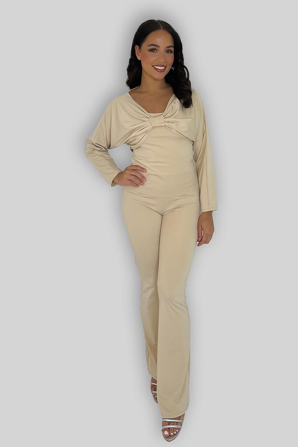 Bow Detail Slinky Top And Flare Leg 3-piece Co-ord Set-SinglePrice