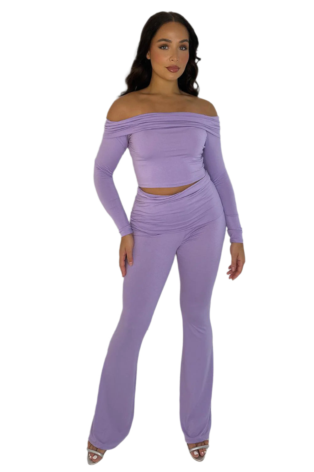 Off Shoulder Long Sleeve Top And Flare Leg Co-ordinate Set-SinglePrice