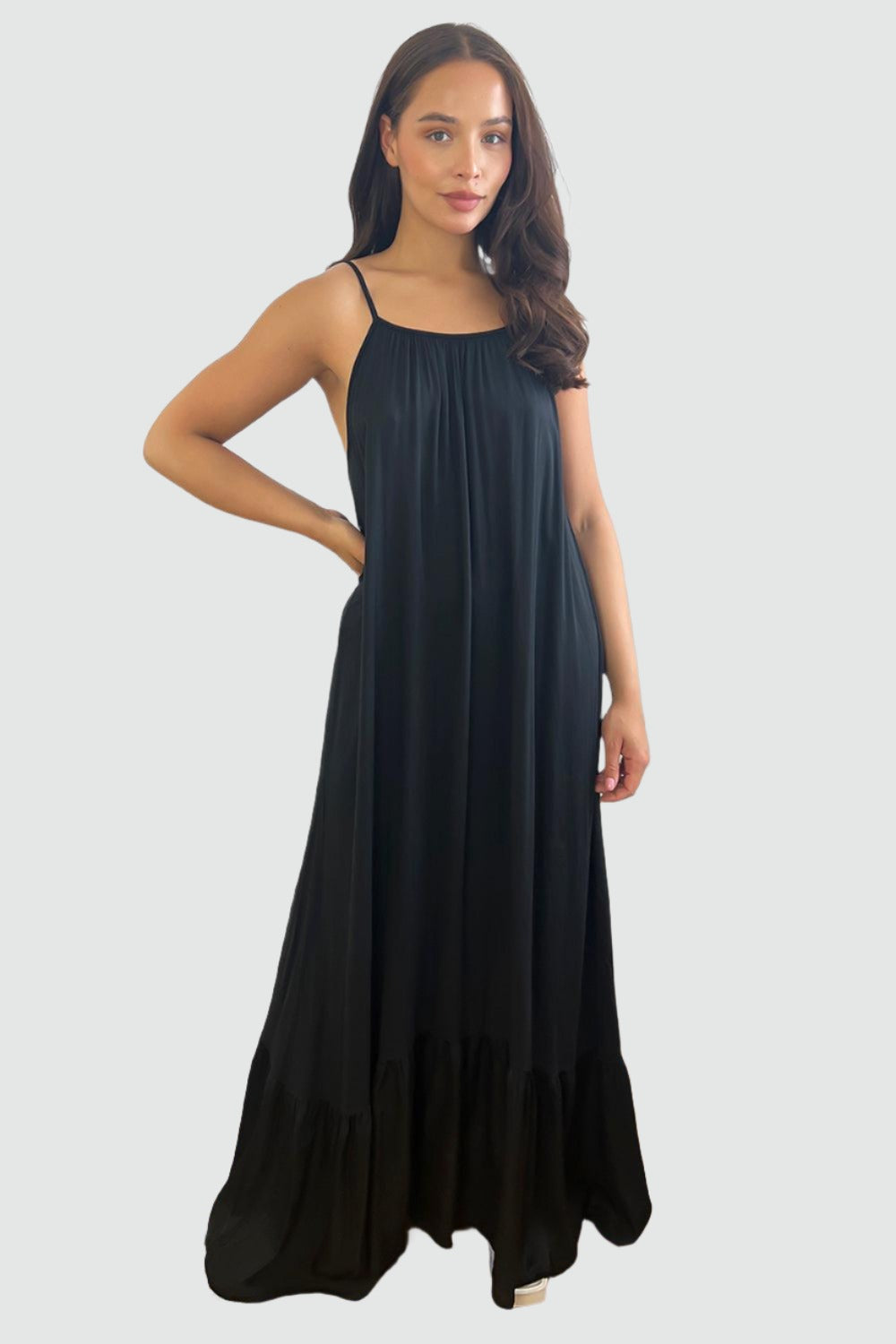 Silk Blend Spaghetti Straps Tiered Maxi Dress-SinglePrice