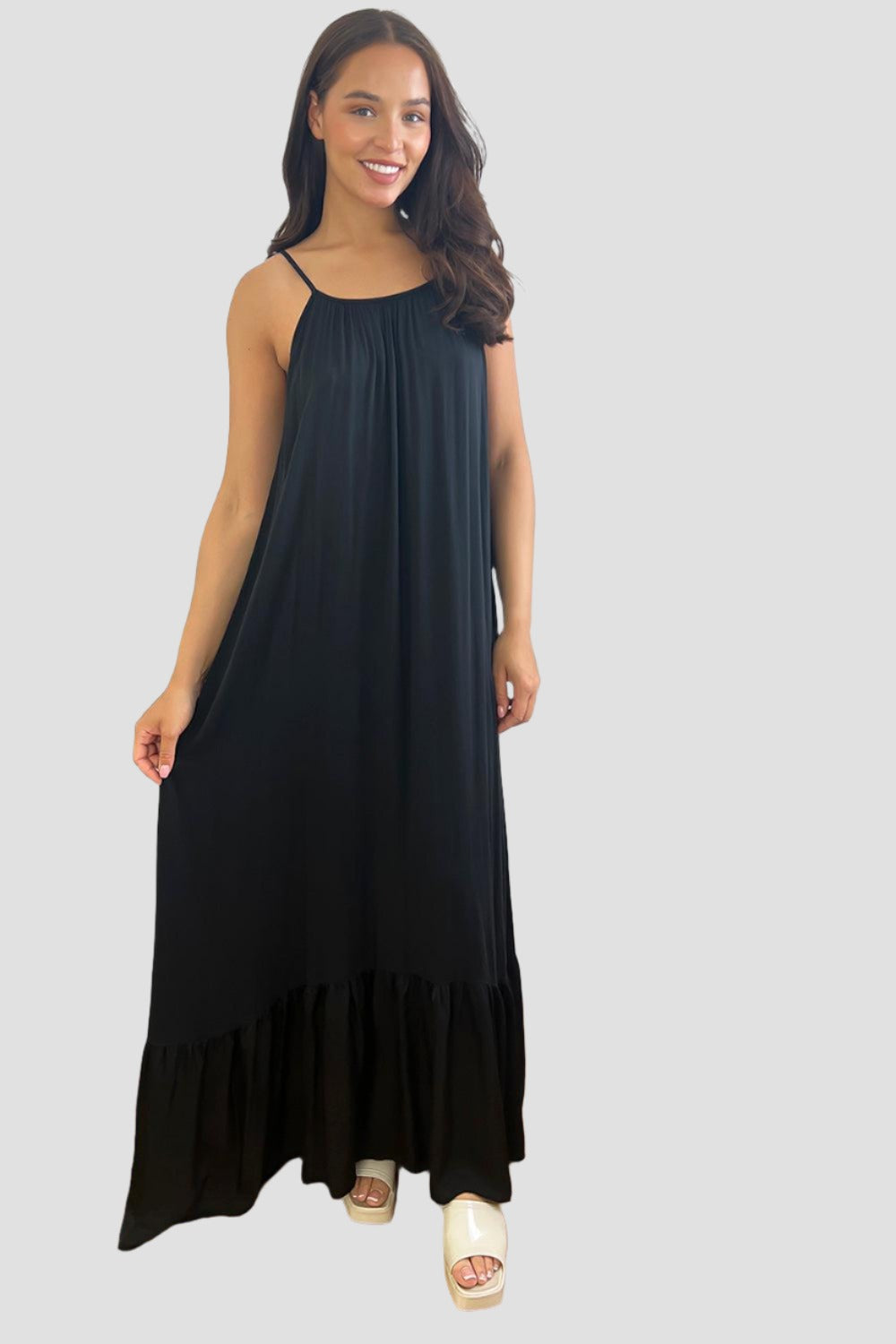 Silk Blend Spaghetti Straps Tiered Maxi Dress-SinglePrice
