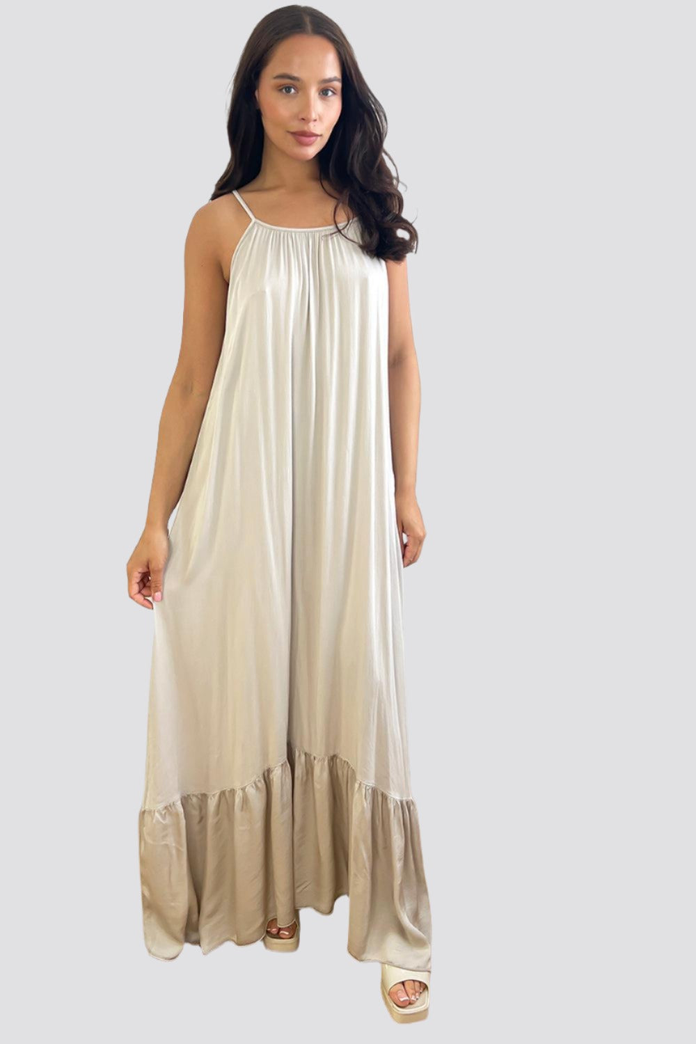 Silk Blend Spaghetti Straps Tiered Maxi Dress-SinglePrice