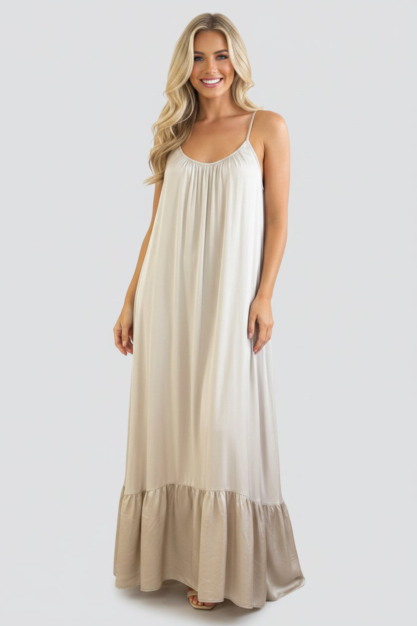 Silk Blend Spaghetti Straps Tiered Maxi Dress-SinglePrice