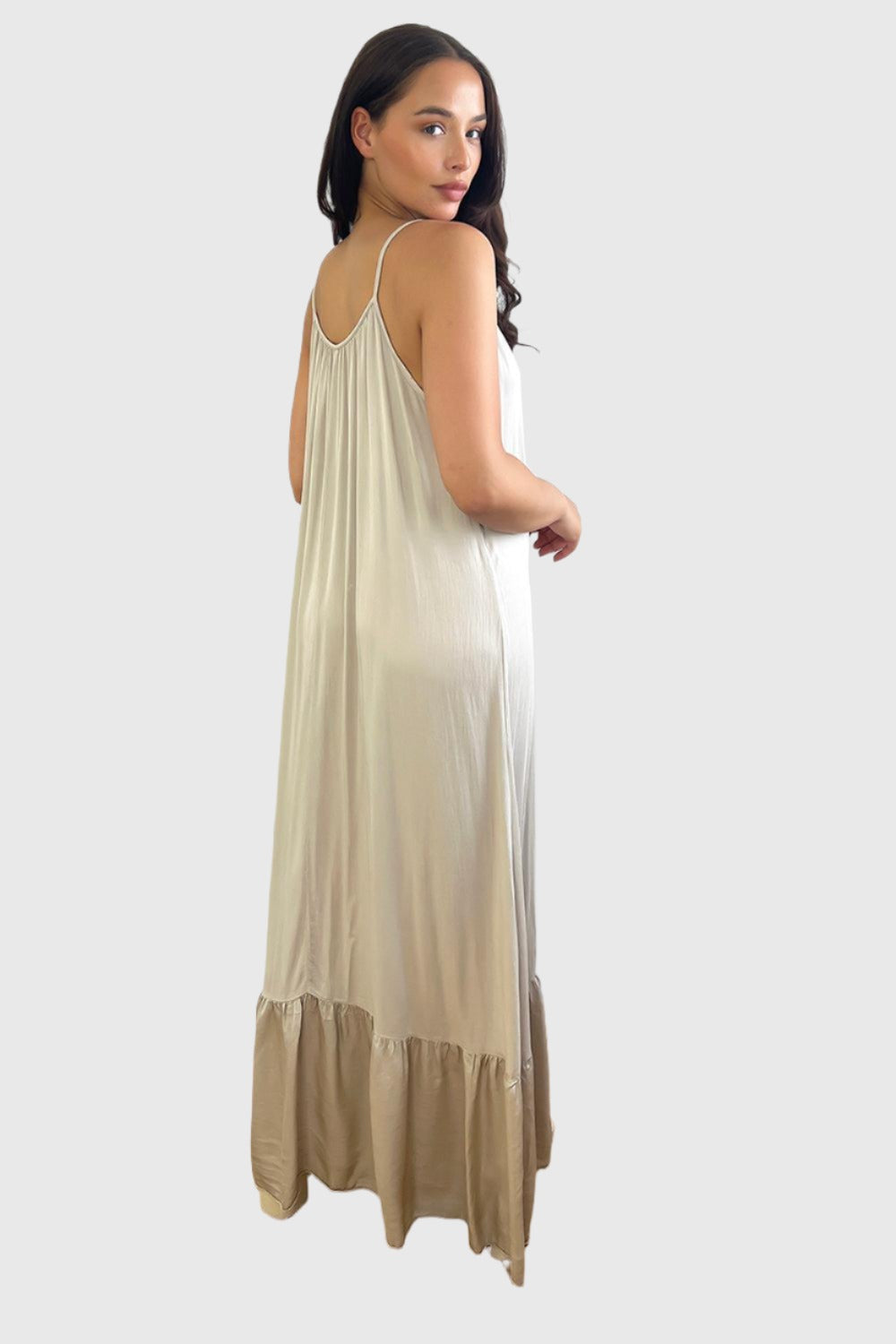 Silk Blend Spaghetti Straps Tiered Maxi Dress-SinglePrice