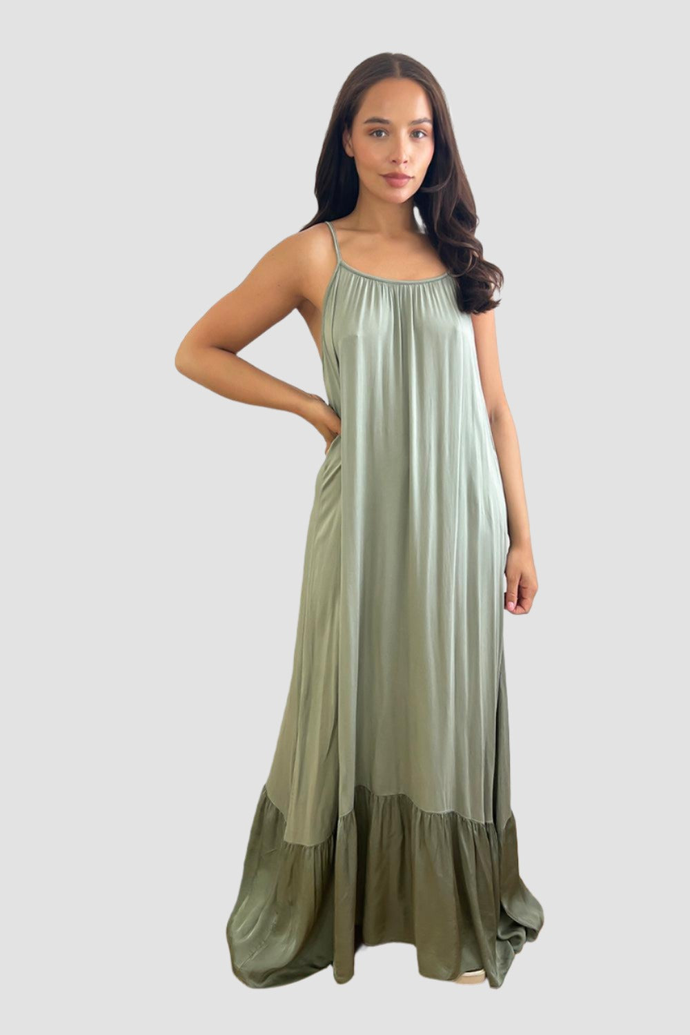Silk Blend Spaghetti Straps Tiered Maxi Dress-SinglePrice