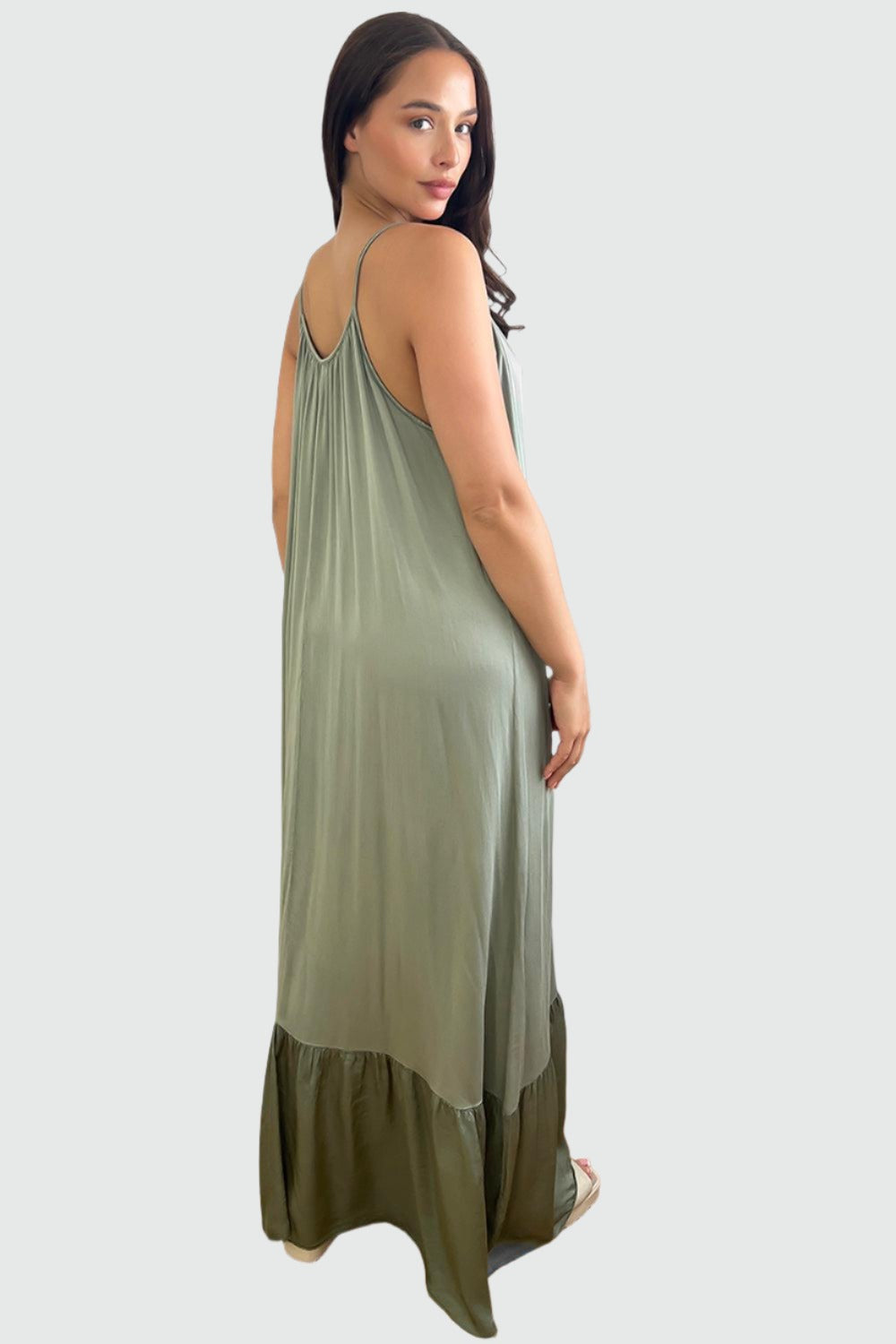 Silk Blend Spaghetti Straps Tiered Maxi Dress-SinglePrice