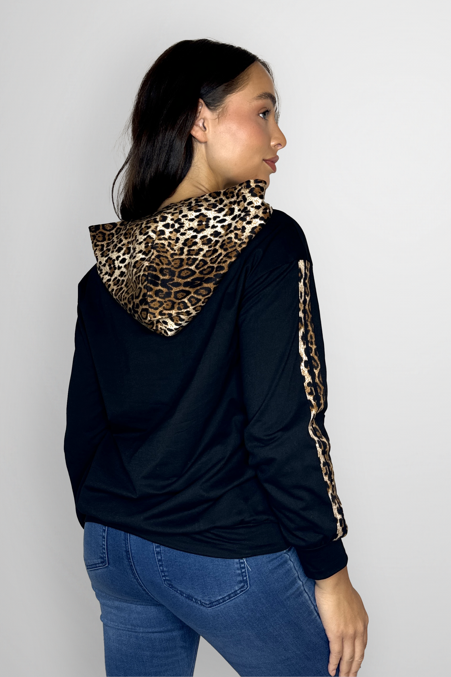 Cotton Blend Leopard Print Contrast Detail Kangaroo Pocket Hoodie-SinglePrice